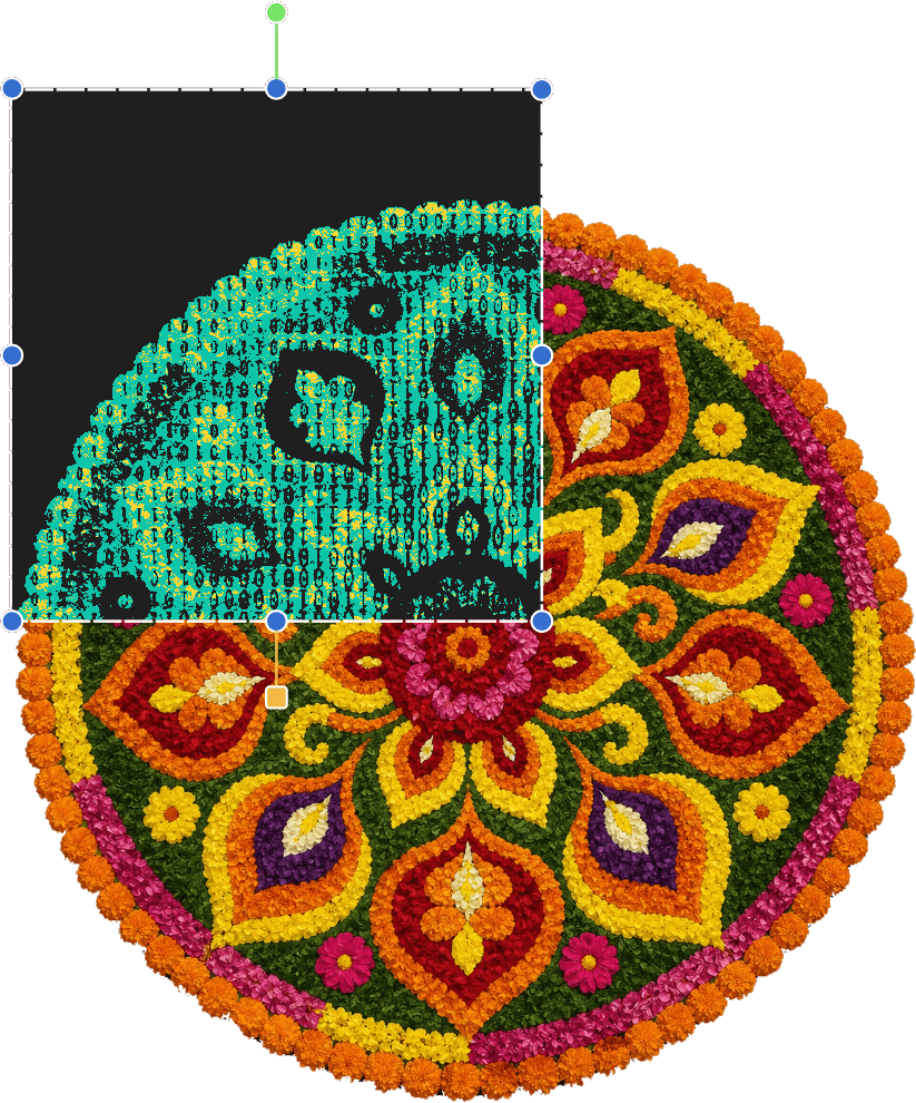 The Code a Pookalam 2.0 pookalam — one half laid in flowers, the other rendered in code